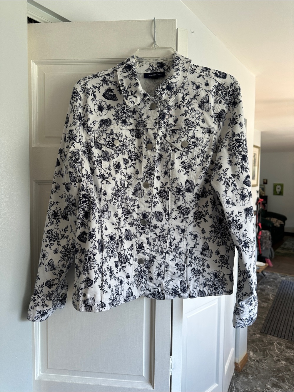 Charter Club White Jacket with dark navy butterfly/floral print
